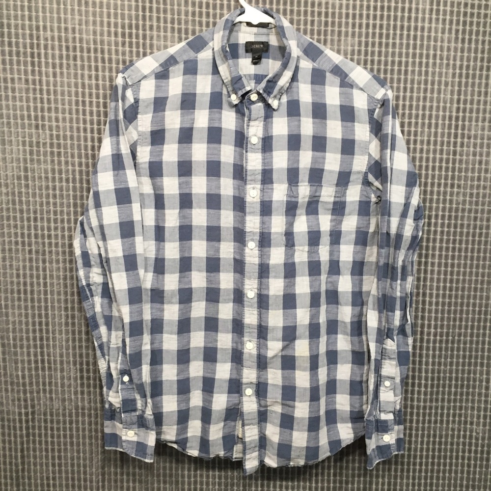 J.Crew Mens Button Down Shirt Baird McNutt Irish Linen Slim M Blue White Gingham